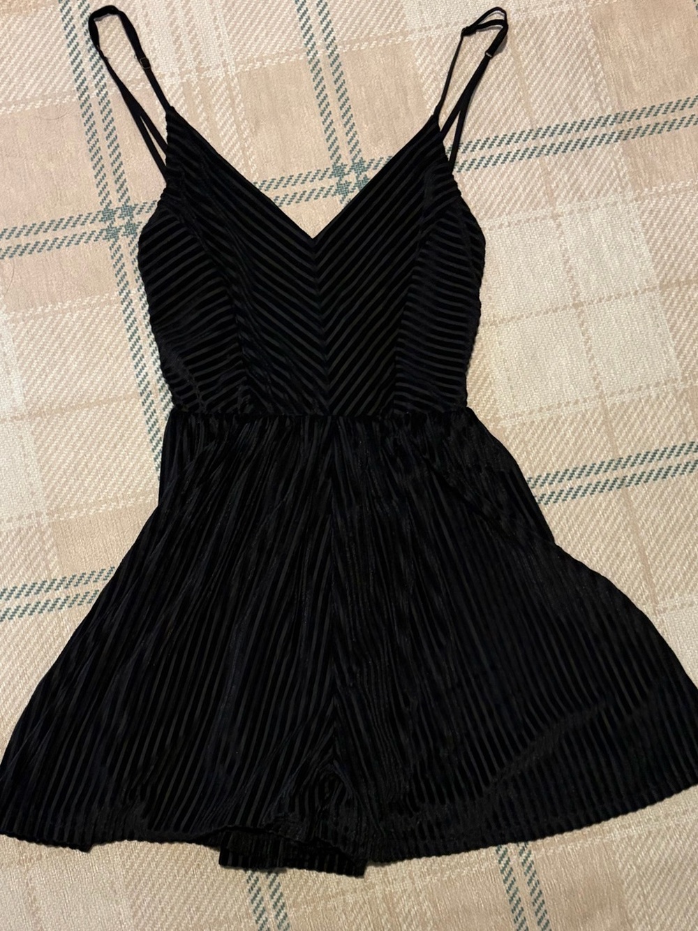 fab'rik Velvet Black Pleated V-Neck Spaghetti Strap Romper